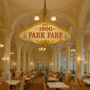 Pai e dois filhos rindo com a Princesa Tiana à mesa no restaurante Nineteen Hundred Park Fare