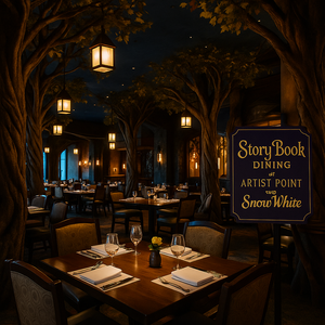 O anão Grumpy ao lado de uma mesa no Artist Point, com uma família de 4 pessoas fazendo uma refeição e sorrindo