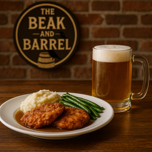 Uma ilustração de Visitantes saboreando bebidas no Beak & Barrel, no Magic Kingdom Park