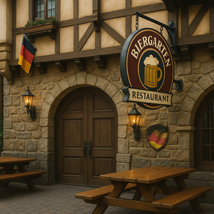 Área de refeições do Biergarten Restaurant com decoração da Bavária, grandes mesas compartilhadas, postes de iluminação e um palco