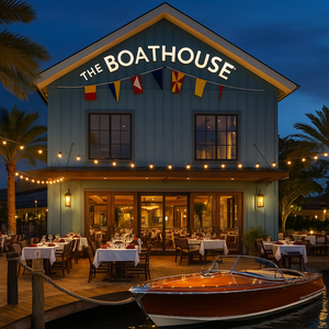 Uma pequena embarcação navega pelas águas em frente ao The BOATHOUSE no Disney Springs