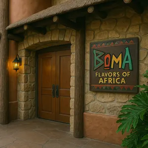 Dining area at Boma—Flavors of Africa, featuring a thatched ceiling and panoramic windows with a garden view