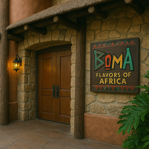 Área de refeições no Boma — Flavors of Africa, com uma cobertura de palha e janelas panorâmicas com vista para o jardim