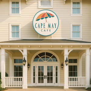 Tenda sob estruturas estilo cabanas no interior da área de alimentação do Cape May Café