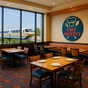 Mickey Mouse e Pateta vestidos como chefs com os braços estendidos