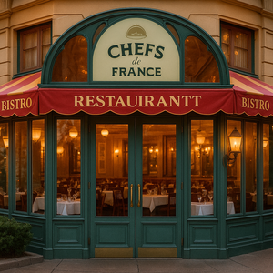 Sopa de cebola francesa em uma tigela sobre um pires com guardanapo rendado de papel