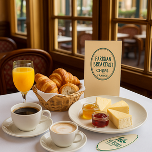 Uma tábua com sanduíches Croque Monsieur em miniatura, decorados com bandeiras francesas e uma tigelinha de molho béchamel