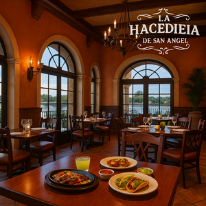 Salão de jantar do La Hacienda de San Angel com grandes janelas e teto com colunas, iluminado à noite