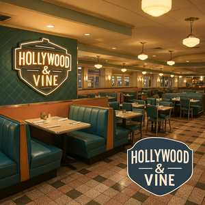 Minnie Mouse wearing a Halloween outfit in front of Hollywood & Vine restaurant