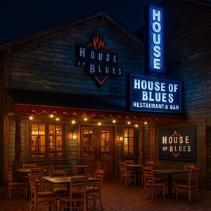 Three men dining outside at a table on the patio near House of Blues Restaurant & Bar