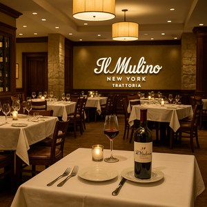 Vista ao comprido da sala de jantar do Il Mulino Lounge no Il Mulino New York Trattoria, no Walt Disney World Swan Hotel