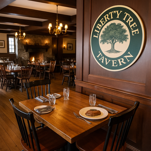 Saguão de espera inspirado nos primórdios americanos com lareira de pedras, bancos e candelabros