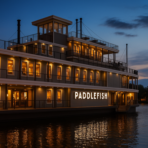 Dois Visitantes saboreando comida e bebida sentados em um deck ao ar livre no Paddlefish	