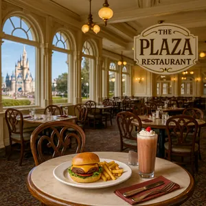 The dining area inside The Plaza Restaurant at Magic Kingdom park