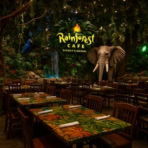 A placa do Rainforest Cafe diz: "A wild place to shop and eat"