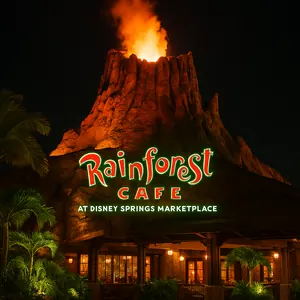 A family of 3 dines at the Rainforest Café at the Disney Springs Marketplace