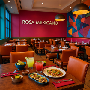 Um espaçoso salão de jantar com decoração moderna