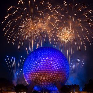 Ilustração de fogos de artifício explodindo e jatos d’água perto da Spaceship Earth
