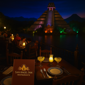 Mesas em close-up perto das árvores e pirâmide maia com vulcão ao fundo