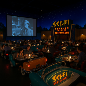 Vista frontal de fileiras de mesas estofadas de jantar em forma de carros dos anos 1950 com uma lanchonete ao fundo