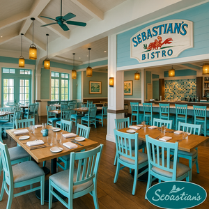 Quatro pratos do Sebastian’s Bistro, incluindo pãezinhos amanteigados assados da casa, salada The Spice Necklace, acompanhamentos e o prato principal Taste of the Caribbean 