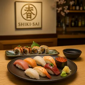 Several plates and bowls holding sushi and other dishes