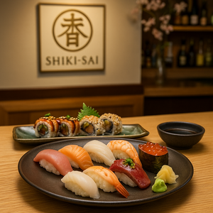 Vários pratos e tigelas com sushi e outras opções