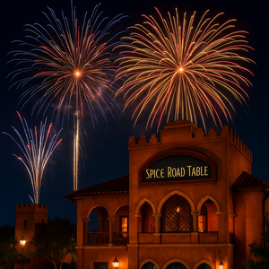 Ilustração de fogos de artifício explodindo e jatos d’água perto da Spaceship Earth