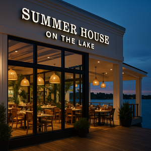 Várias árvores e outras plantas no centro do salão de um grande restaurante