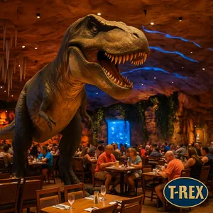 A girl and her dad enjoy waffle fries seated at their table with Dinosaur themed decor in the background