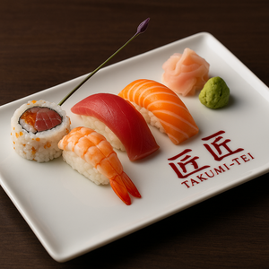 Um prato com fatias de peixe e outros ingredientes sobre uma mesa do Takumi Tei