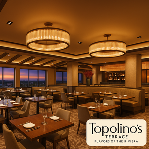 Uma sala de jantar elegante e moderna com grandes janelas revelando um pôr do sol 